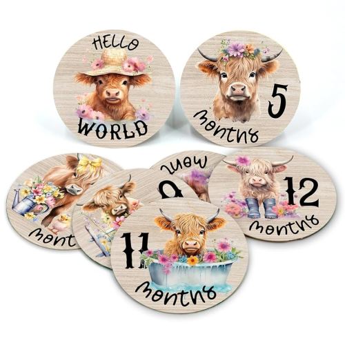 Highland Cow Baby Month Milestone Circles, Wooden Discs Stuff for Baby Photo Takens with Hello World Name Signs - 7Pcs Double Sided Signs for Documenting Growth