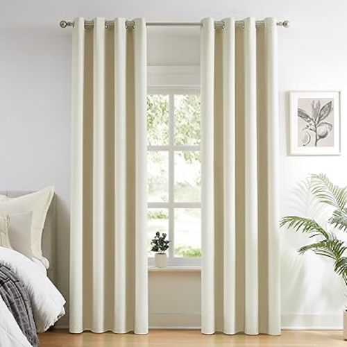 Melodieux Blackout Curtains for Bedroom Cotton Cream Curtains 84 inch Length 2 Panels Set Grommet Window Curtains for Living Room Thermal Insulated Privacy Blackout Drapes (Beige, 42 x 84 Inch)