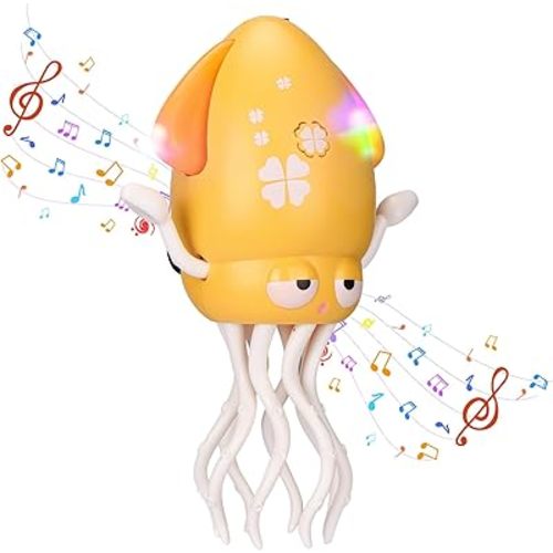 Magic Electric Dancing Octopus Toy with Led Light and Music,Automatic Evasion Crawling Dancing Octopus Musical Toys with Fishing Rod,Dancing Squid Toy Baby Must Have,Tummy Time Baby Toys,Yellow