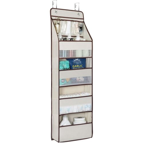 Univivi 5-Shelf Fabric Door Storage Over Door Hanging Organizer with 4 Large Pockets and 3 Small PVC Pockets Nursery Closet Cabinet Wall Mount Hanging Storage Organizers for Baby Nursery (Beige)