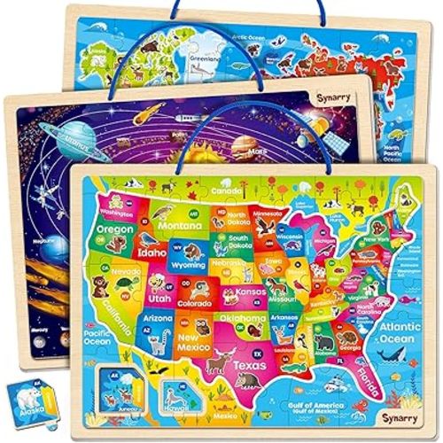 SYNARRY Large USA World Solar System Wooden Magnetic Puzzles for Kids Ages 4-6, Wood Puzzles Educational Games Toys Easter Gifts for Toddlers, United States World Space Map for Boys Girls Ages 3-5 4-8