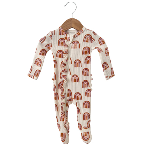 Organic Waffle Ruffle Zip Footie, Rust Rainbow
