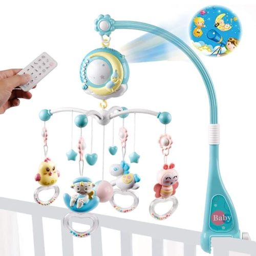 Baby Musical Crib Mobile with Timing Function Projector Lights,Stand-Along Rattles and 150 Melodies Music Box with Remote Control for Newborn 0-24 Months - Blue