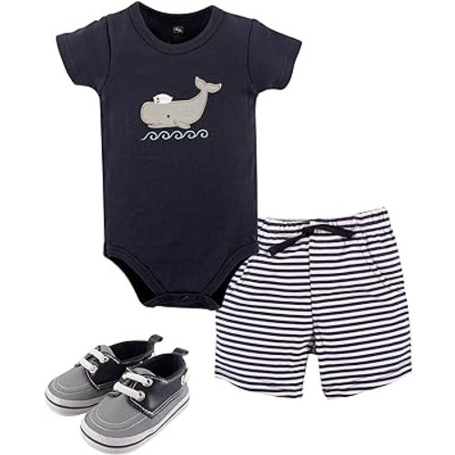 Hudson Baby Unisex Baby Cotton Bodysuit, Shorts and Shoe Set