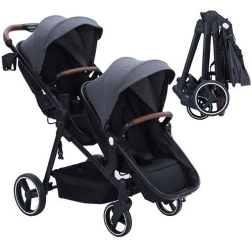 Double Tandem Stroller with Bassinet - 2-in-1 Reversible Seats, Foldable, 5-Point Harness, Large Storage, Lightweight Aluminum