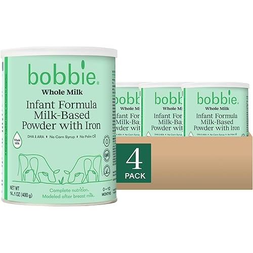 Bobbie Whole Milk, Grass Fed Infant Formula, Milk-Based Powder with Iron, Plant Based DHA & ARA, Vitamin D and Protein Blend Modeled After Breast Milk, Newborn to 12 Months Old, 14.1 oz, 4 Pack