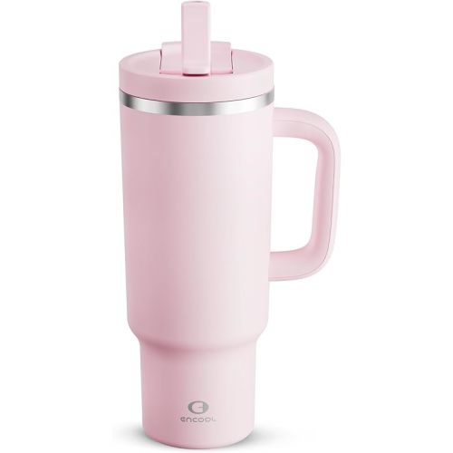 ENCOOL 40 oz Tumbler with Handle and Straw: Stainless Steel Insulated Tumbler Keeps Cold for 24 Hours, Leakproof Travel Cup Fits in Cup Holder and BPA-Free, Cotton Candy