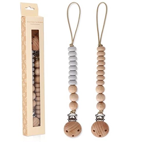 AULEGE 2 Pack Pacifier Holder Clips for Binky & Teether, Silicone Baby Pacifier Clip for Baby Girls(Sand, Grey)