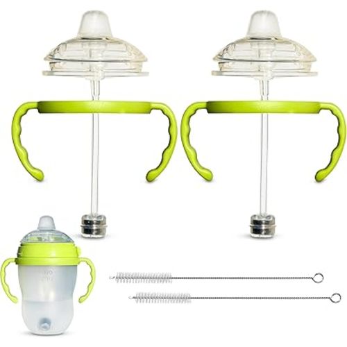 Sippy Cup Conversion Kit for Comotomo Baby Bottles 2-Count | Soft Silicone Sippy Spout Nipples, Weighted Any Angle Straw Ball, Bottle Handles and Straw Cleaning Brush | 4+ Months (Sippy Spout, Green)