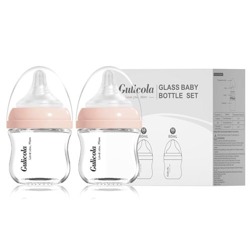 Small Glass Baby Bottle for Newborn Breastfeeding Babies, Preemie & Extra Slow Flow Nipples (SS), Anti-Colic, Breast-Like, 0 Months+, 3 oz, 2 Pack - Pink
