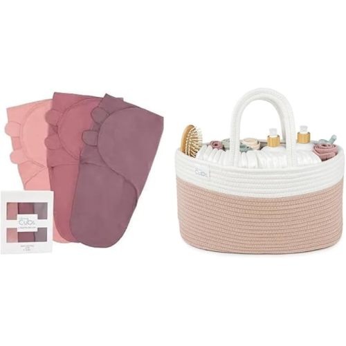Comfy Cubs Swaddle Blankets and Diaper Caddy Organizer Bundled