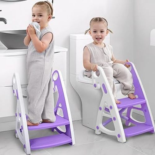 Primlect Potty Training Seat, 2-in-1 Toddler Toilet Seat with Step Stool, Ultra-Stable Potty Chair Attachment, Adjustable Seat and Step Ladder, Non-Slip Design, Splash Guard for Boys and Girls(Purple)