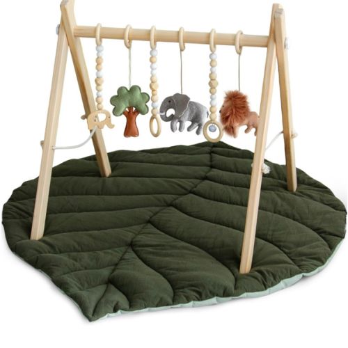 Razee Wooden Baby Play Gym Activity Mat, Leaf Shaped Play Mat Baby Gym with 6 Hanging Sensory Toys Foldable Baby Gym Newborn Infant Baby Use