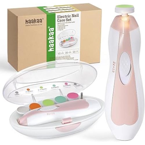 haakaa Baby Nail Trimmer Electric Safe Baby Nail Clippers Baby Nail File Kit Manicure Set, Trim Polish Grooming kit for Newborn Toddler or Adults Toes Fingernails, 6 Grinding Heads and LED Light