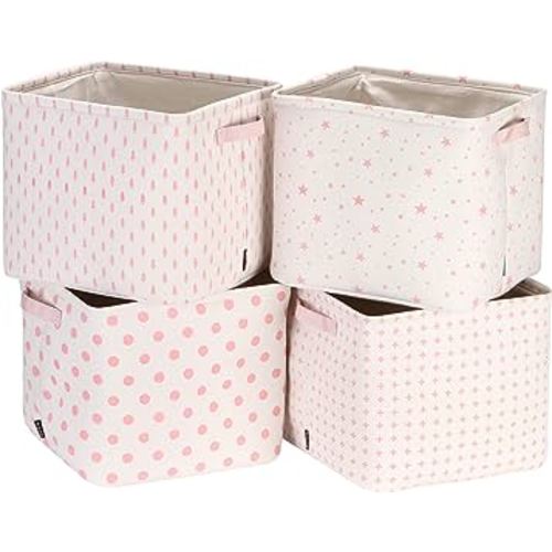 Sea Team Collapsible Canvas Fabric Storage Basket with Handles, Square Storage Box, Cube, Foldable Shelf Basket, Closet, Desk Organizer for Nursery, Home, Office (Pink, Set of 4)