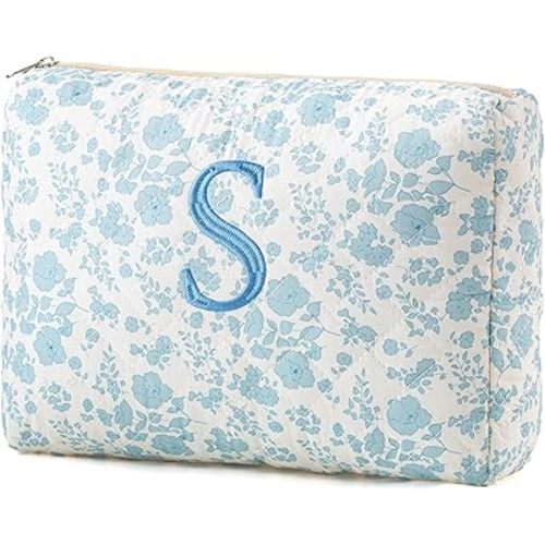 HBselect Initial Quilted Makeup Bag, Cotton Large Travel Makeup Bag, Cute Floral Coquette Make up Bag Cosmetic Bag Toiletry Bag for Women Girls S