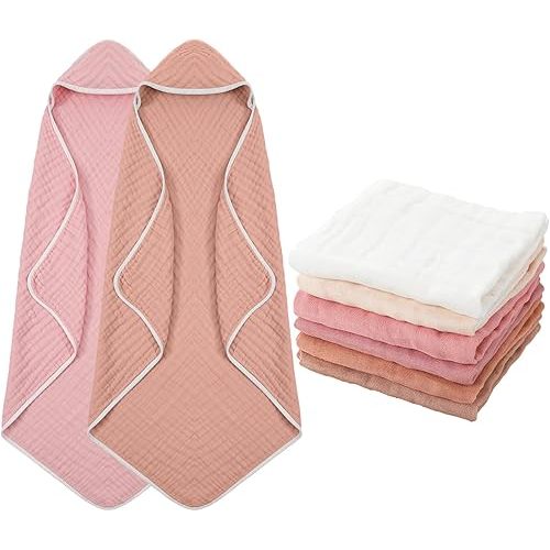 8 Pack Baby Bath Towels and Wash Cloth Set Muslin Hooded Soft 100% Cotton Baby Hooded Bath Towel Absorbent Towels Cloths for Babies, Infant, Toddler and Kids Newborn(Colorful Series)