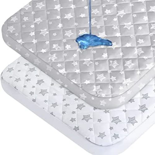 Waterproof Pack and Play Mattress Pad Protector 2 Pack, Quilted Pack and Play Sheets Cover 39" x 27", Compatible with Graco Pack n Play, Playard Mattress Protector, Grey & White Star