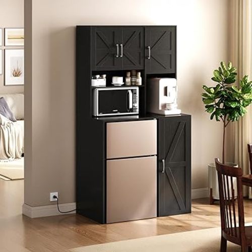 Mini Fridge Cabinet with Storage, Coffee Bar Cabinet with Mini Fridge Space and Outlet, Wine Bar Stand with Microwave Shelf, Beverage Station for Kitchen, Dorm, Office Black KH02MRB