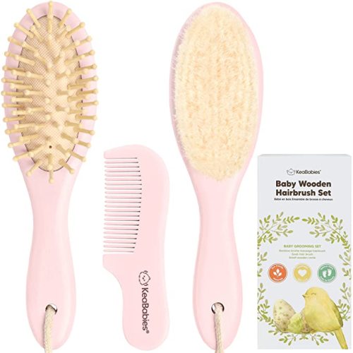 Baby Hair Brush and Comb Set for Newborn - Wooden Baby Hair Brush Set with Soft Goat Bristle, Baby Brush Set for Newborns, Baby Brush and Comb Set Girl, Boy, Toddler Cradle Cap Brush (Oval, Blush)