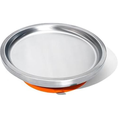 Avanchy Open Baby Plates with Suction – Stainless Steel Divided Plates for Toddlers, BPA-Free, Dishwasher Safe, Unbreakable, Non-Toxic, 100% Silicone Suction – Orange