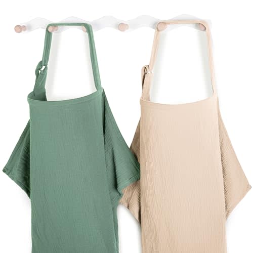Yoofoss 2 Pack Muslin Nursing Cover for Breastfeeding, Breathable 100% Cotton Breastfeeding Cover with Arch Neckline, Multi-use Nursing Apron Soft Privacy Nursing Covers for Women - Apricot and Green