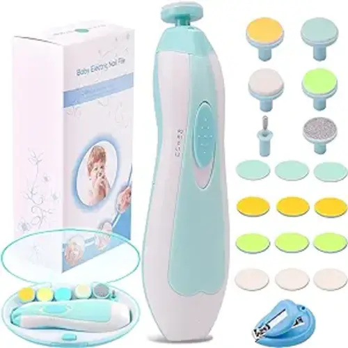 Baby Nail Trimmer Electric Nail File Baby Nail Clippers, Safe Nail Filer Grinder Kit for Newborn Infant Toddler Kids or Adults Toes Fingernails Care Trim Polish, with Led Light and 10 Grinding Heads - White/Teal
