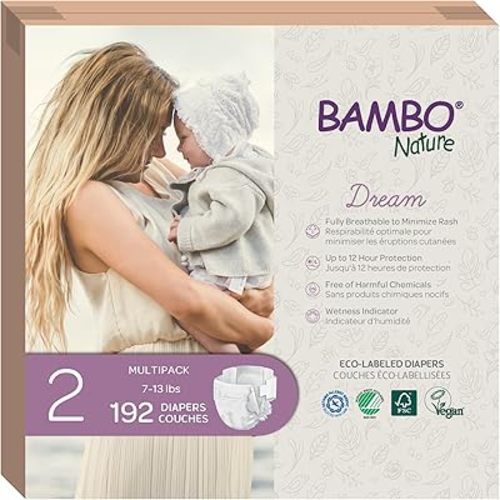 Bambo Nature Hypoallergenic Baby Diapers, Eco-Labelled Sustainable Diapers, Enhanced Leakage Protection, Totally Chlorine-free, Skin Friendly, and Super Absorbent - Size 2 (192 Count)
