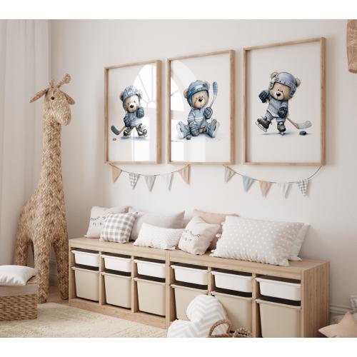 Hockey Nursery Teddy Bear Art Prints in Blue, Unframed Wall Art Prints, Sports Nursery