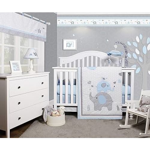 5-Piece Baby Crib Bedding Set - Crib Quilt, Skirt, Fitted Sheet, Window Valance, Accent Pillow - Baby Boy, Girl Room Nursery Decor and Bedding Ensemble - Blue Grey Elephant