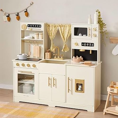 Tiny Land Play Kitchen for Kids, Toy Kitchen Set with Plenty of Play Features, New Modern Kids Wooden Play Kitchen Designed in Trendy Home Style with Curtains, Gift for Ages 3+