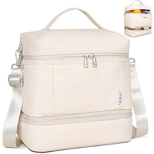 NOL Natural Organic Lifestyle Large Dual Compartment Insulated Lunch Bag for Women/Men Lightweight Nylon Waterproof Lunch Box Leakproof Cooler Tote Bag with Adjustable Shoulder Strap for Work, Cream