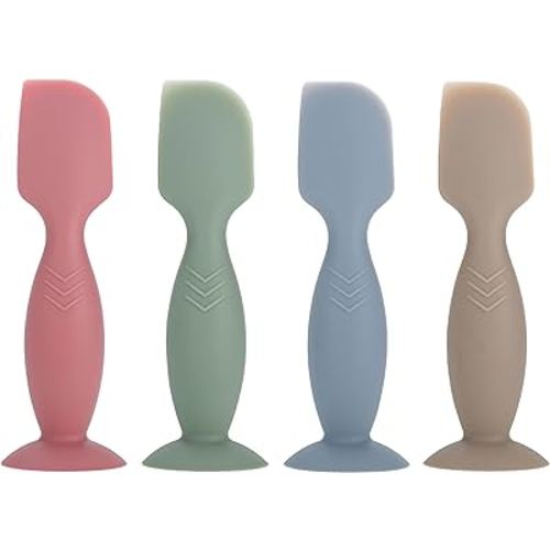 4 Pack Mini Baby Diaper Cream Spatula Applicator, Soft Silicone Baby Butt Paste Spatula Diaper Cream Brush with Suction Cup Base (Red, Green, Cyan, Brown)