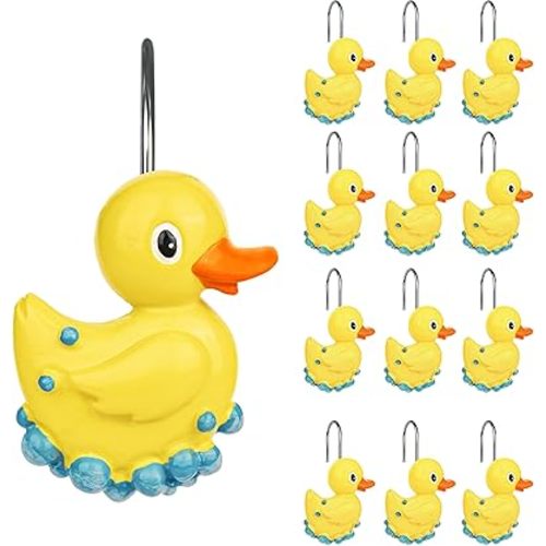 Sunlit Cute Shower Curtain Hooks for Kids, Home Decorative Bubble Duck Shower Curtain Rings for Bathroom, Resin, Fun Shower Curtain Hanger Hooks for Living Room, Set of 12, Yellow