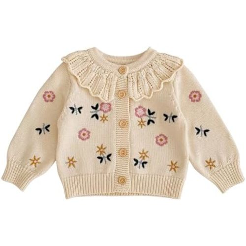 HOOLCHEAN Baby Girls Flower Embroidered Lotus Leaf Collar Sweater Infant Cotton Cardigan
