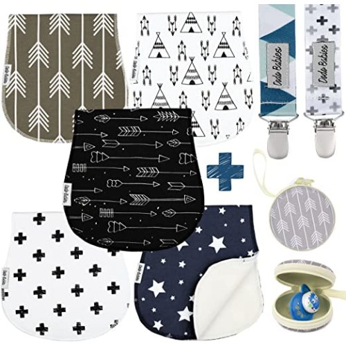 Dodo Babies 5-Pack Baby Burp Cloths – Soft, Absorbent Cotton Burp Cloths – Includes Pacifier Case and 2 Pacifier Clips – Colors: Blue, Grey and Black - Blue/Grey/Black