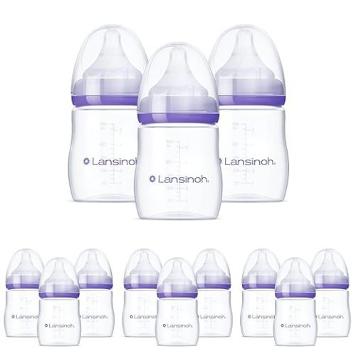 Lansinoh Anti-Colic Baby Bottles for Breastfeeding Babies,8 Ounces,Includes Medium Flow Nipples,Size M,(Pack of 12)