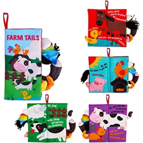 beiens Baby Books Toys, Touch and Feel Crinkle Cloth Books for Babies, Infants & Toddler, Early Development Interactive Car & Stroller Soft Toys for Boys & Girls (Farm Tails-1 Book)