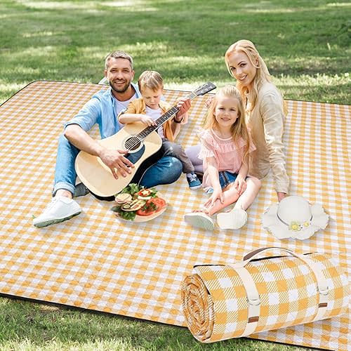 G GOOD GAIN Picnic Blankets Outdoor Extra Large - 80"x80" Portable Waterproof Picnic Blanket, Machine Washable 3-Layer Foldable Park Mat with Sandproof Backing for Grass, Hiking, Travel (Yellow)