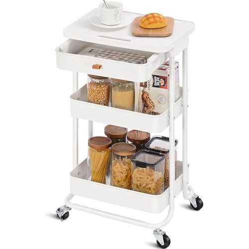 TOOLF 3 Tier Rolling Utility Cart with Drawer & Table Top, Multifunctional Storage Organizer with Metal Shelf & Wheels Storage Cart for Kitchen, Bathroom, Bedroom, Classroom, Office, White