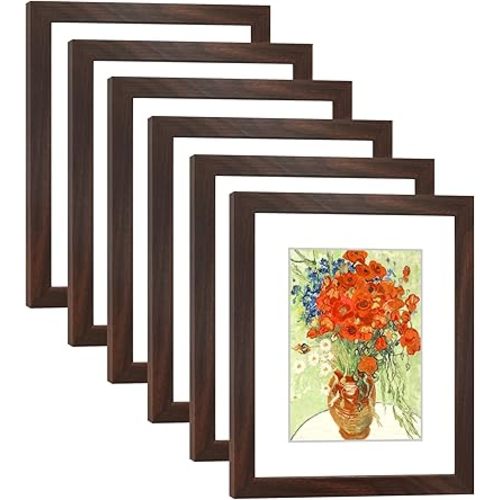 8x10 Picture Frame Set of 6 with Real Glass for Pictures 5x7 with Mat or 8x10 Without Mat, Wall or Tabletop Gallery Photo Frames Walnut