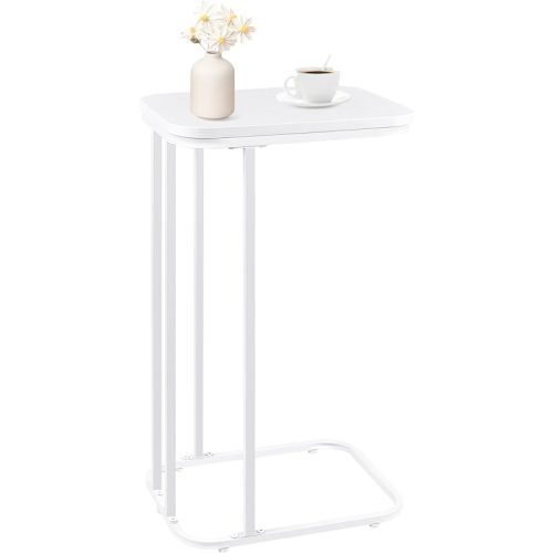 C Shaped End Table, 27 Inches High Small Side Table for Sofa and Bed, Couch Table That Slides Under, Tall Tv Tray Table for Living Room, Bedroom, Metal Frame, Snow White