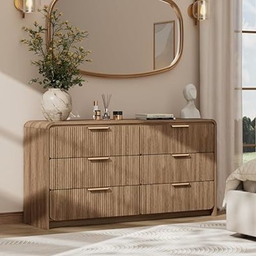 47" Wide Fluted 6 Drawer Dresser for Bedroom, Chest of Drawers with Curved Profile Design, Modern Wood Closet Clothes Storage Organizer for Bedroom, Living Room, Hallway, Light Walnut
