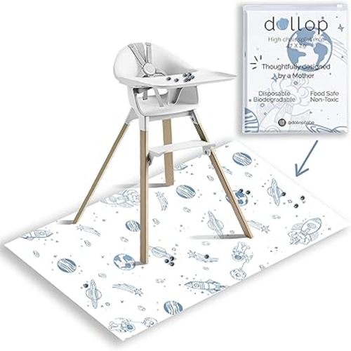 Dollop Disposable Splat Mats (30-Pack) – Large 47” Water-Resistant High Chair Floor Protector – Baby Led Weaning & Toddler Meal Supplies – Biodegradable & Compostable (Blue Out of This World)