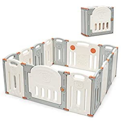 Costzon Baby Playpen, 14-Panel Foldable Large Baby Playard w/Locking Gate, Non-Slip Rubber Bases, Adjustable Shape, Portable Baby Fence Play Area Design for Indoor Outdoor Use (Beige + Gray) : Baby
