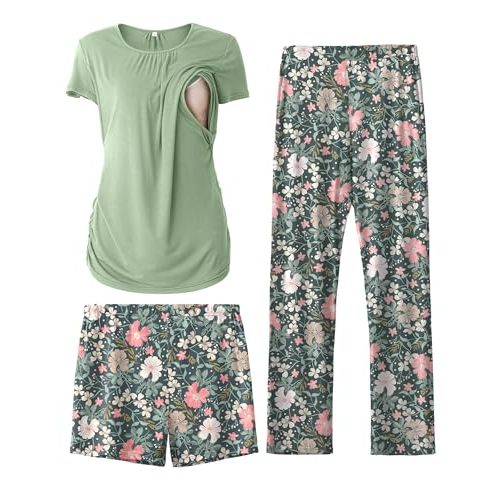 SUNNYBUY Womens Maternity Nursing Pajamas Set, Short Sleeve Breastfeeding Shirts，Pregnancy Shorts & Pants 3 Piece Nursing PJS
