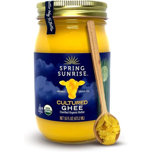 Spring Sunrise Organic Grass Fed Cultured Ghee Butter - USDA Certified Organic Clarified Butter - Paleo, Keto Friendly, Non-GMO, Gluten, & Lactose Free Cooking Oil - Sustainably Sourced (16oz Jar)
