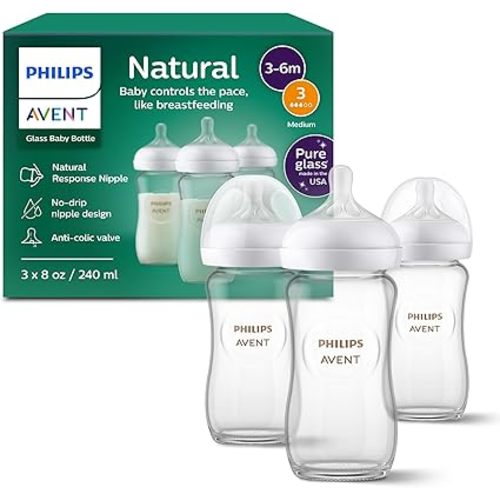 Philips Avent Natural Glass Baby Bottles with Natural Response Nipples (Medium Flow, Flow 3), 8oz, 3-pack, SCY913/03