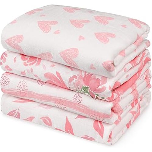 GLLQUEN BABY Muslin Swaddle Blankets 4-Pack Breathable Receiving Blankets (35" x 40") Soft Baby Blankets for Girls and Boys Newborn Essentials Muslin Burp Cloths Swaddle Wrap Baby Gift (Flower)