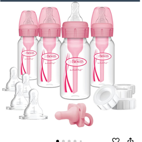 Dr. Brown's Anti-Colic Baby Feeding Set with Slow Flow Nipples, Travel Caps, Silicone Pacifier - Pink